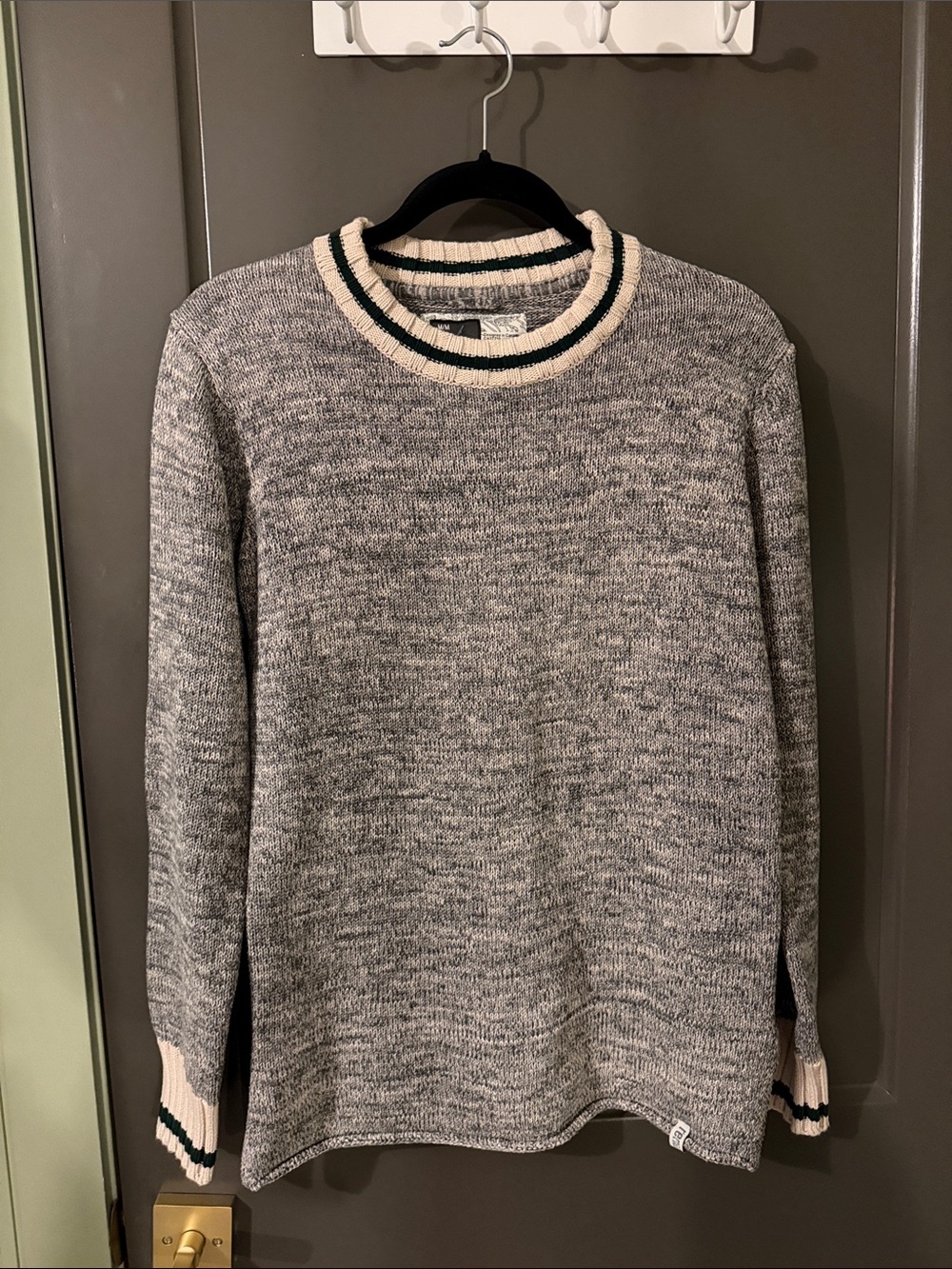 Gray Marled Crewneck Sweater with Cream and Dark Green Trim by Bruzer 100 cotton